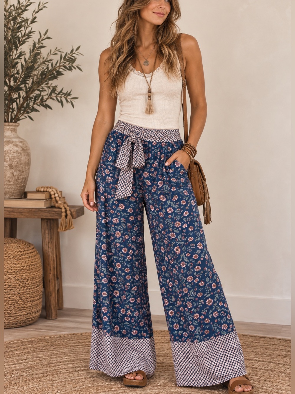 Matilda Jane Floral Wide Leg Belted Boho Chic Pants Size M NWT